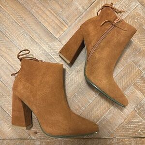 NEW Cognac Brown Suede Leather Ankle Boot Bootie with Asymmetric Block Heel